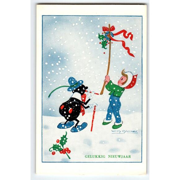 Fantasy Postcard Fairy Boy Dressed Bug Plays Flute In Snow Willy Schermele Dutch - Picture 1 of 2
